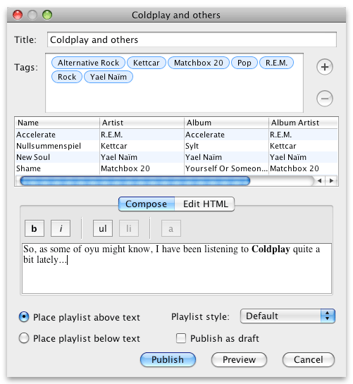 beaTunes blog entry dialog