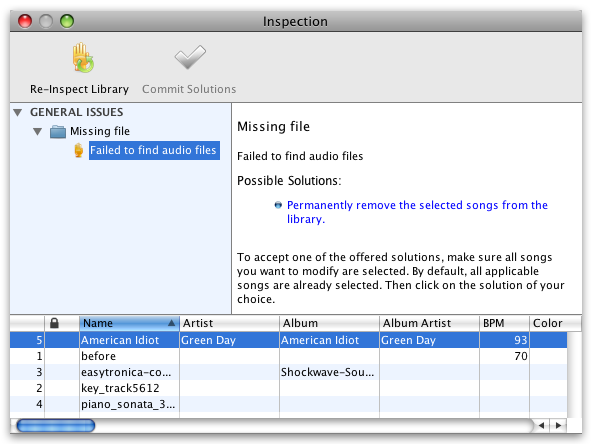 beaTunes missing file inspection dialog