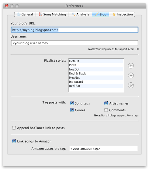 beaTunes blog preferences dialog
