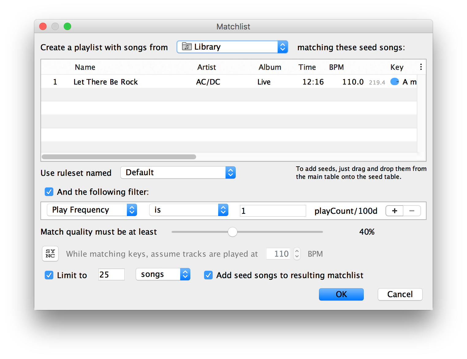 beaTunes matchlist creation dialog